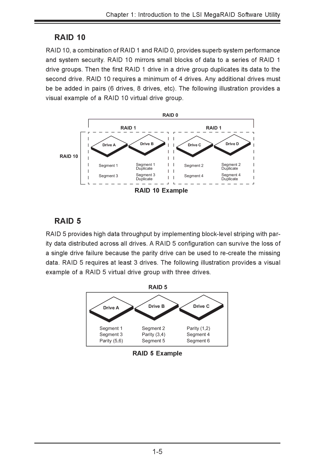 SUPER MICRO Computer LSI 2108/2208 user manual RAID 10 Example, RAID 5 Example 