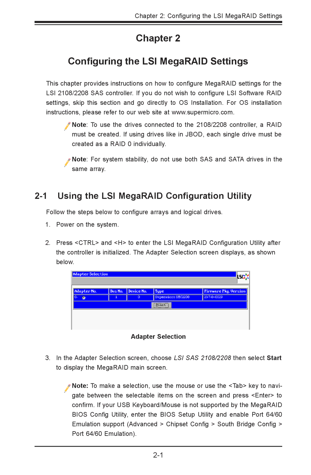 SUPER MICRO Computer LSI 2108/2208 user manual Using the LSI MegaRAID Configuration Utility, Adapter Selection 