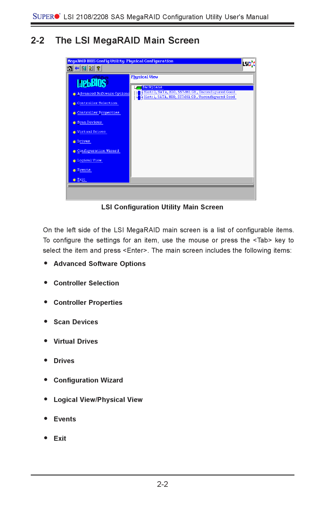 SUPER MICRO Computer LSI 2108/2208 user manual LSI MegaRAID Main Screen, LSI Configuration Utility Main Screen 