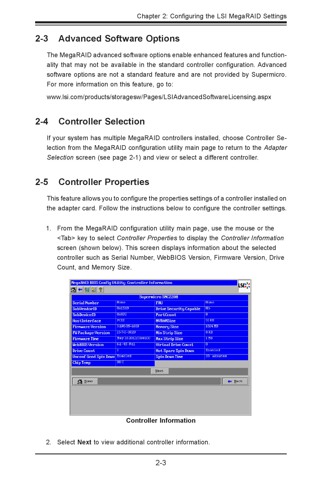 SUPER MICRO Computer LSI 2108/2208 user manual Advanced Software Options, Controller Selection, Controller Properties 