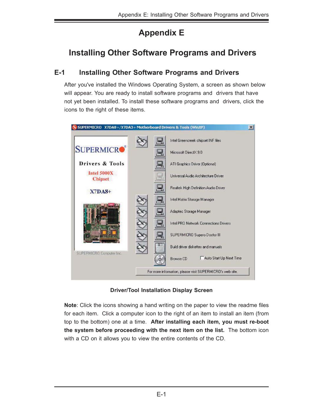 SUPER MICRO Computer MBDX7DA3O user manual Appendix E Installing Other Software Programs and Drivers 