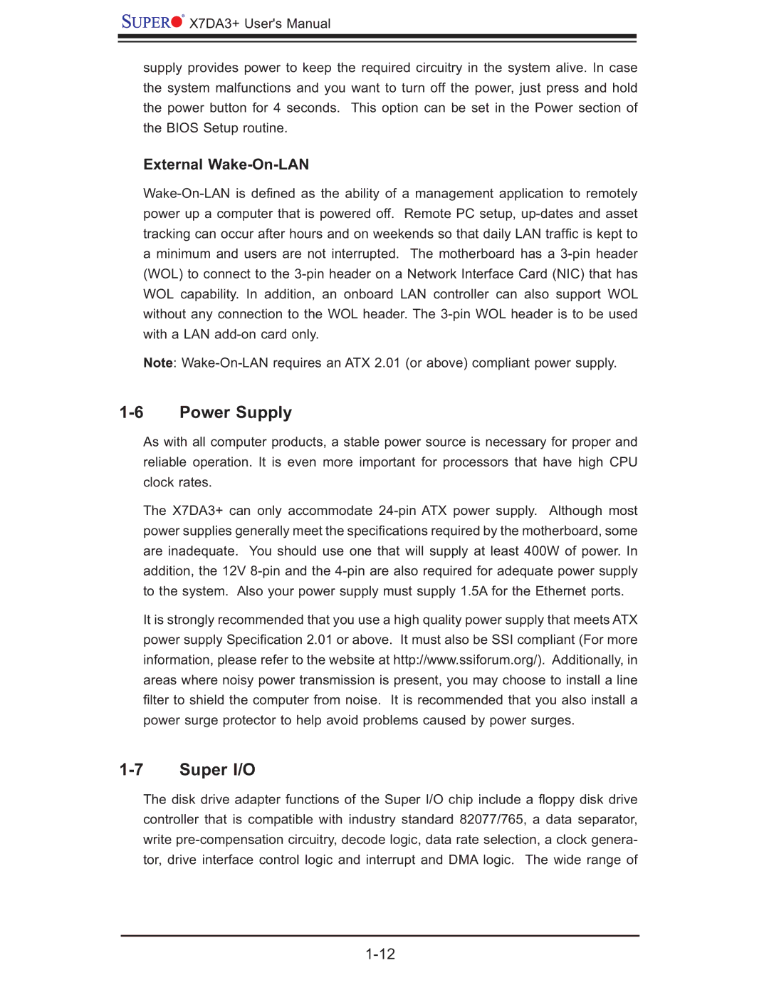 SUPER MICRO Computer MBDX7DA3O user manual Power Supply, Super I/O, External Wake-On-LAN 