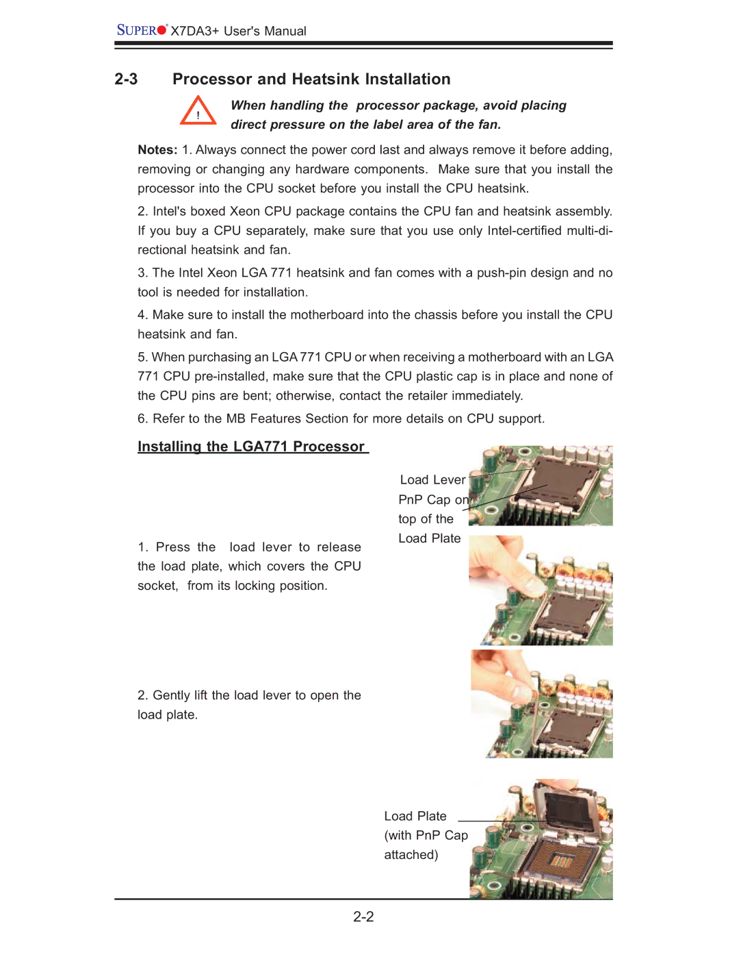 SUPER MICRO Computer MBDX7DA3O user manual Processor and Heatsink Installation, Installing the LGA771 Processor 