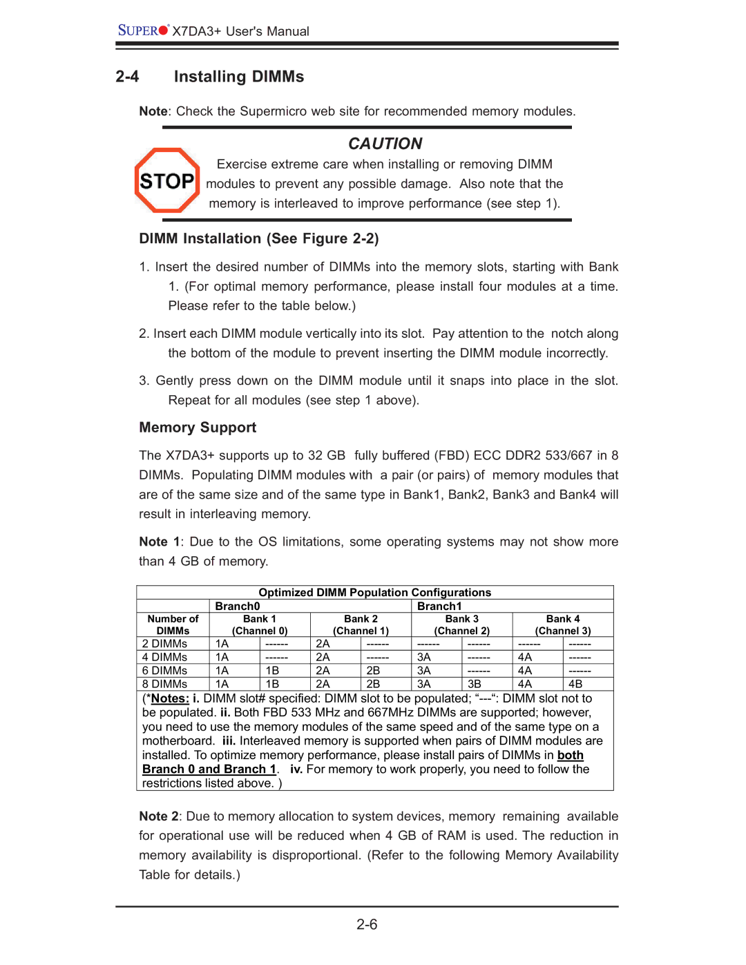 SUPER MICRO Computer MBDX7DA3O user manual Installing DIMMs, Dimm Installation See Figure, Memory Support 