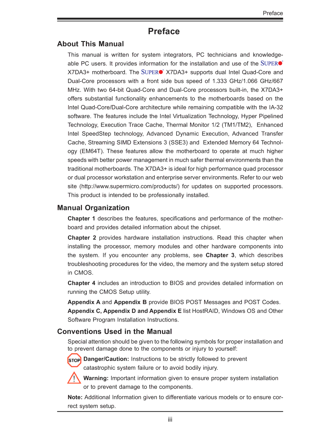 SUPER MICRO Computer MBDX7DA3O user manual About This Manual, Manual Organization, Conventions Used in the Manual 