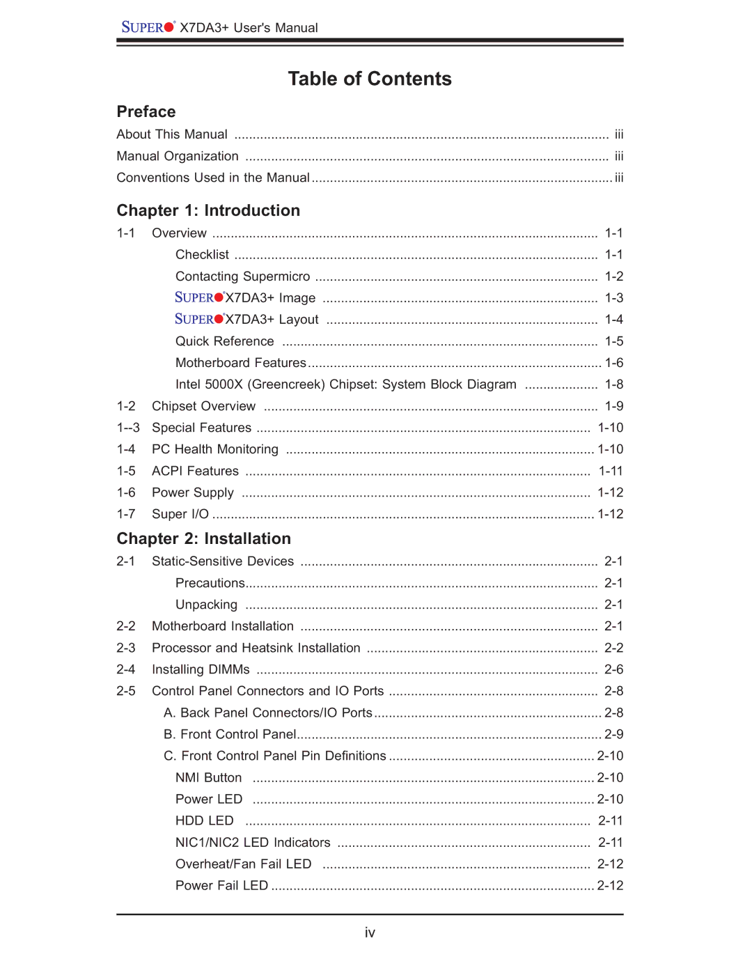 SUPER MICRO Computer MBDX7DA3O user manual Table of Contents 