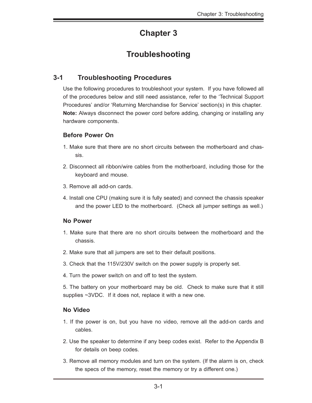 SUPER MICRO Computer MBDX7DA3O user manual Troubleshooting Procedures, Before Power On, No Power, No Video 