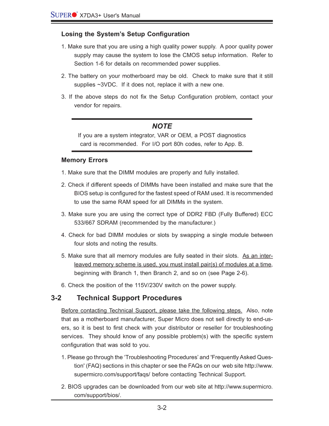 SUPER MICRO Computer MBDX7DA3O Technical Support Procedures, Losing the System’s Setup Conﬁguration, Memory Errors 