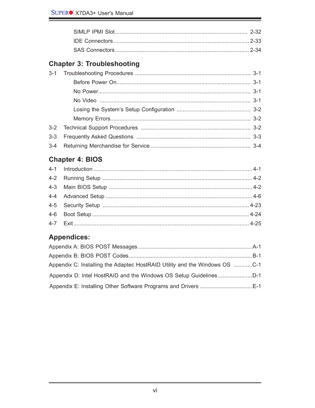 SUPER MICRO Computer MBDX7DA3O user manual Troubleshooting, Bios, Appendices 