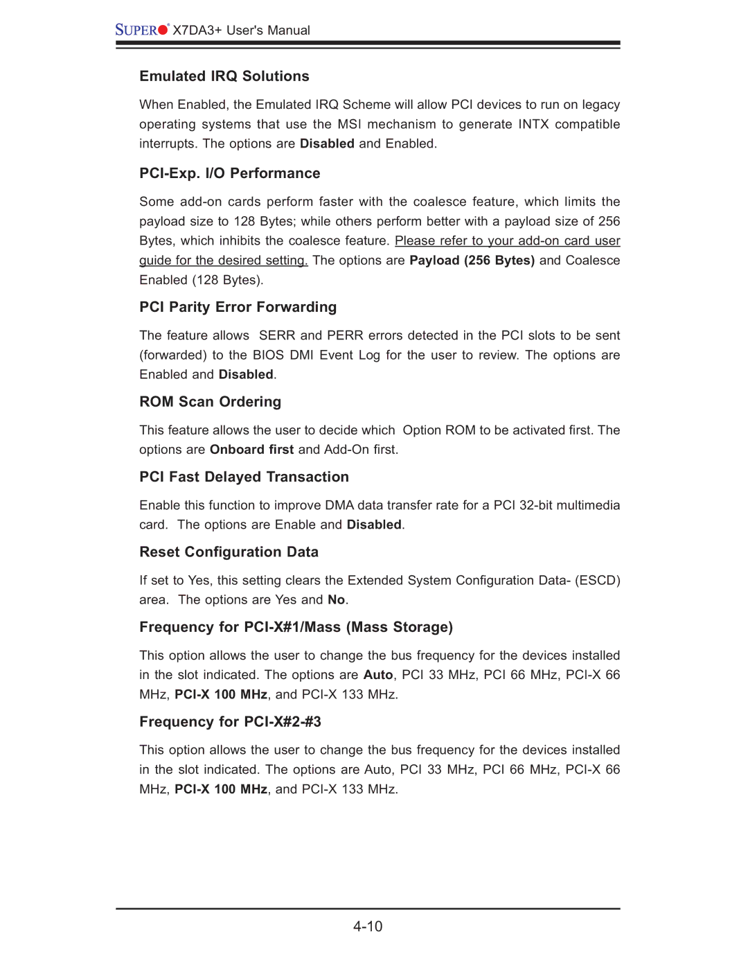 SUPER MICRO Computer MBDX7DA3O user manual Emulated IRQ Solutions, PCI-Exp. I/O Performance, PCI Parity Error Forwarding 