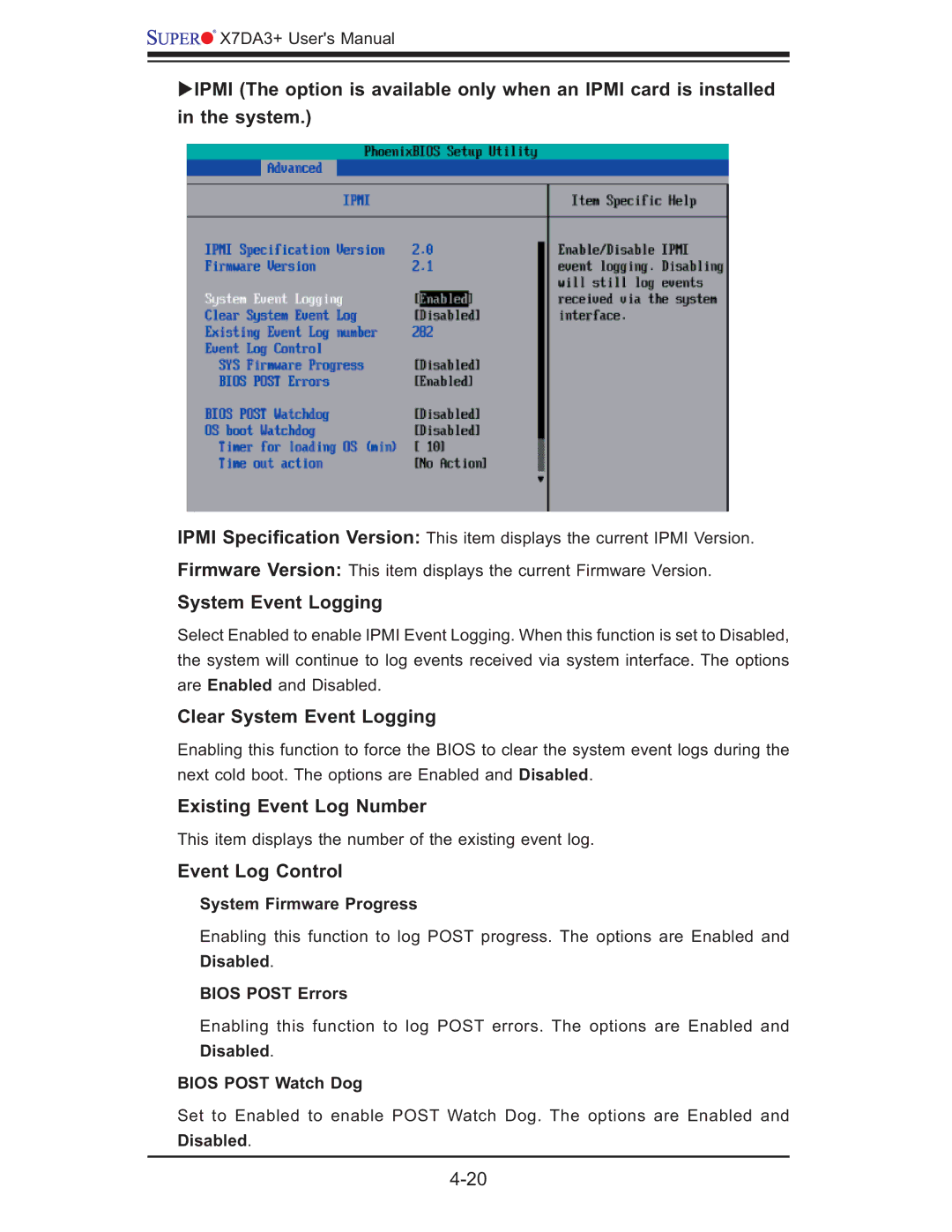 SUPER MICRO Computer MBDX7DA3O user manual Clear System Event Logging, Existing Event Log Number, Event Log Control 