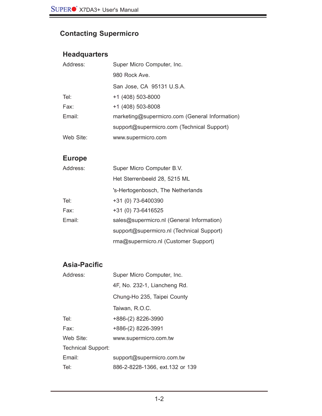 SUPER MICRO Computer MBDX7DA3O user manual Contacting Supermicro Headquarters, Europe, Asia-Paciﬁc 