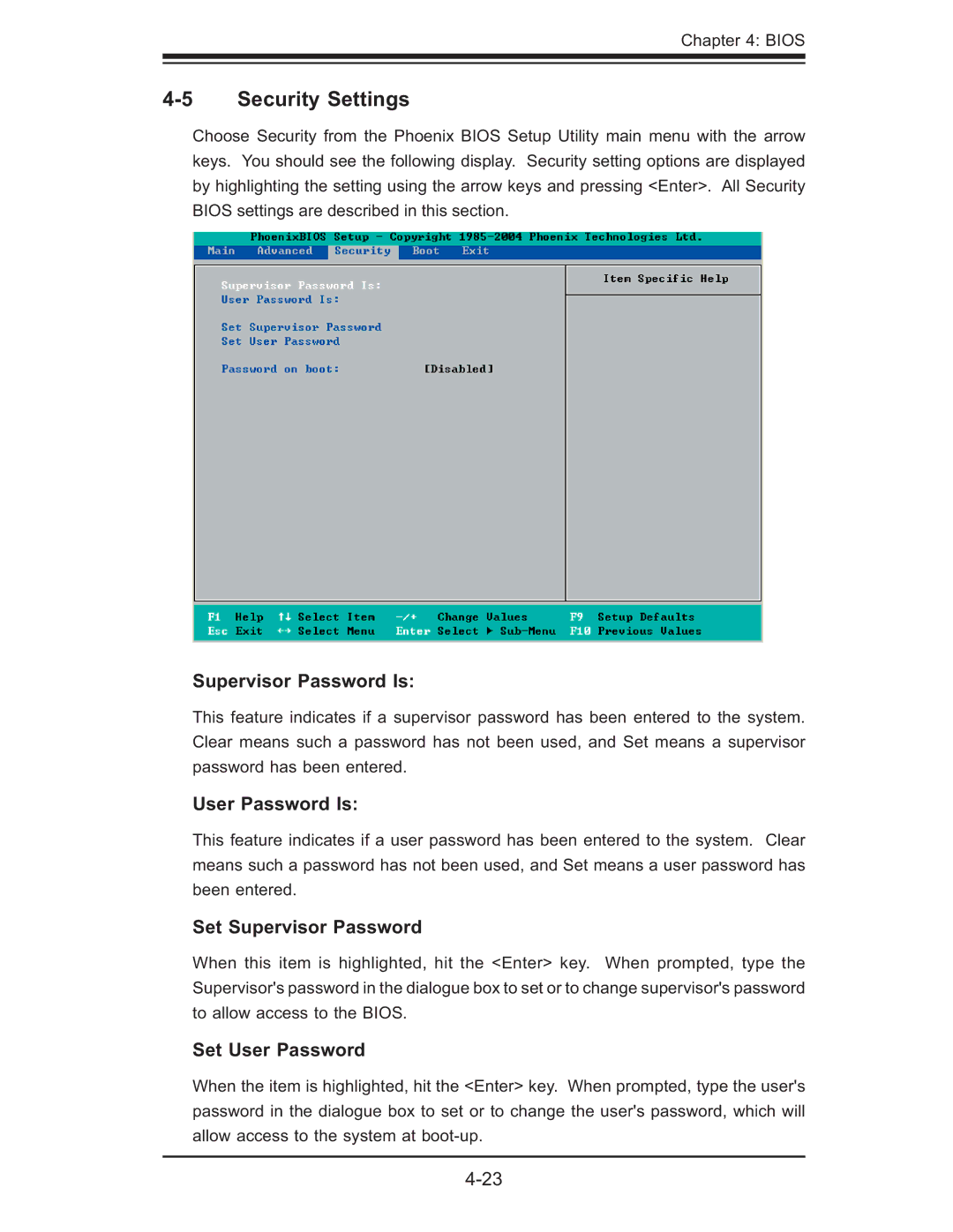 SUPER MICRO Computer MBDX7DA3O Security Settings, Supervisor Password Is, User Password Is, Set Supervisor Password 