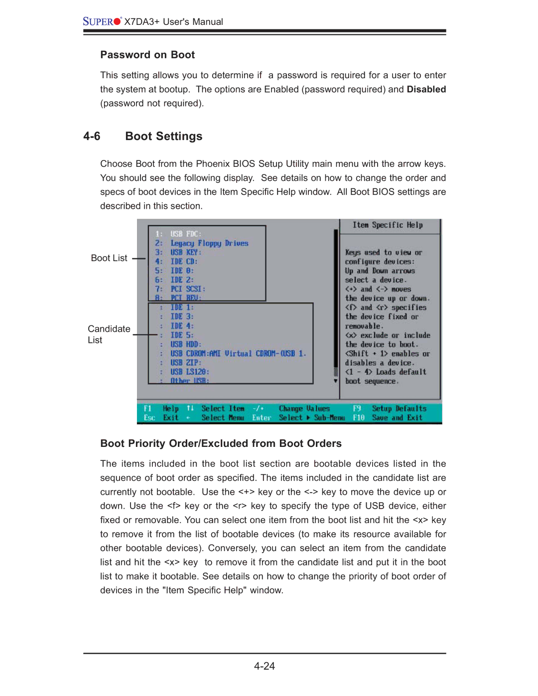 SUPER MICRO Computer MBDX7DA3O user manual Boot Settings, Password on Boot, Boot Priority Order/Excluded from Boot Orders 