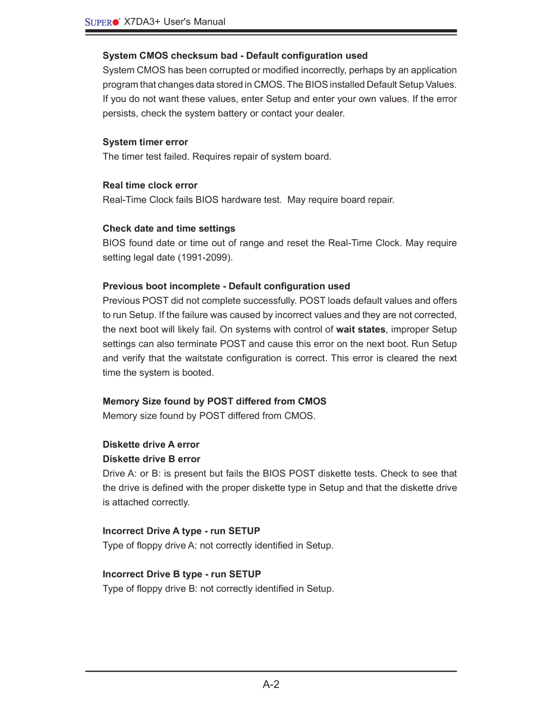 SUPER MICRO Computer MBDX7DA3O user manual System Cmos checksum bad Default conﬁguration used, System timer error 
