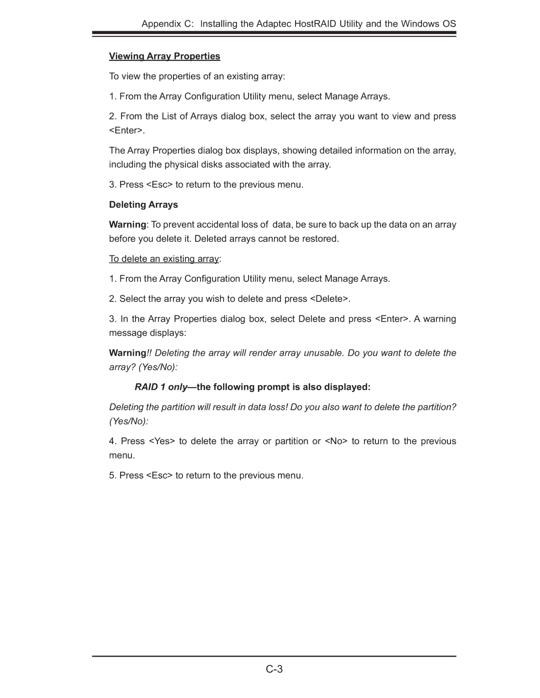 SUPER MICRO Computer X7DA3 Viewing Array Properties, Deleting Arrays, RAID 1 only-the following prompt is also displayed 