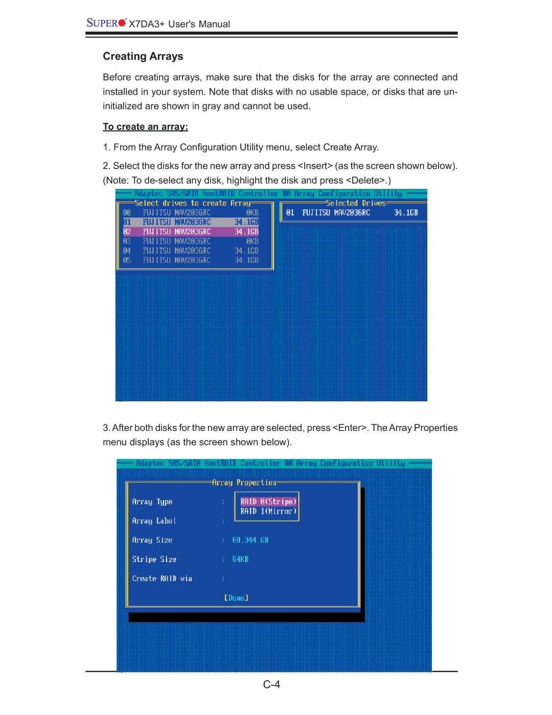 SUPER MICRO Computer MBDX7DA3O user manual Creating Arrays, To create an array 