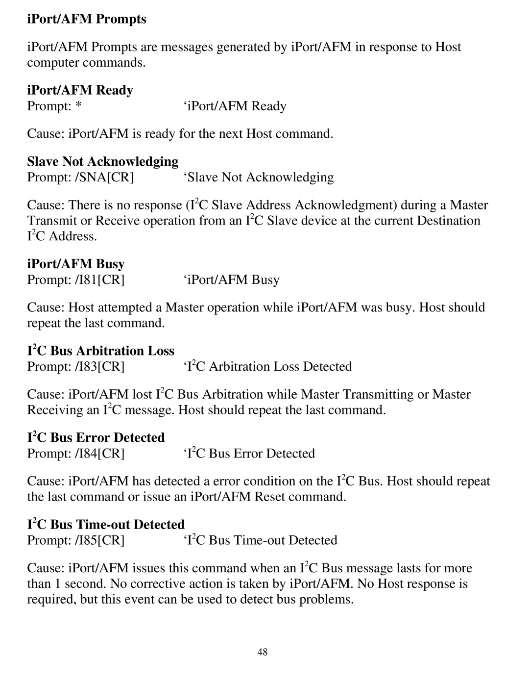 SUPER MICRO Computer MIIC-203 manual IPort/AFM Prompts, IPort/AFM Ready, Slave Not Acknowledging, IPort/AFM Busy 