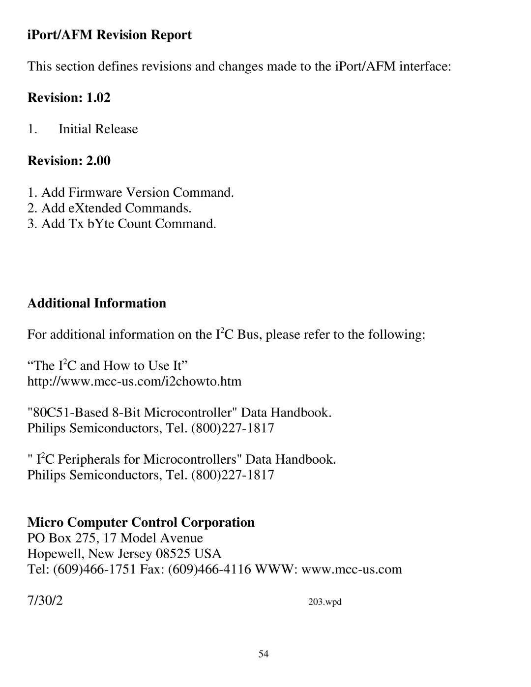 SUPER MICRO Computer MIIC-203 manual IPort/AFM Revision Report, Additional Information, Micro Computer Control Corporation 