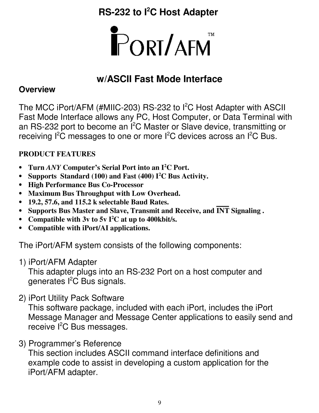 SUPER MICRO Computer MIIC-203 manual RS-232 to I2C Host Adapter Ascii Fast Mode Interface, Overview 