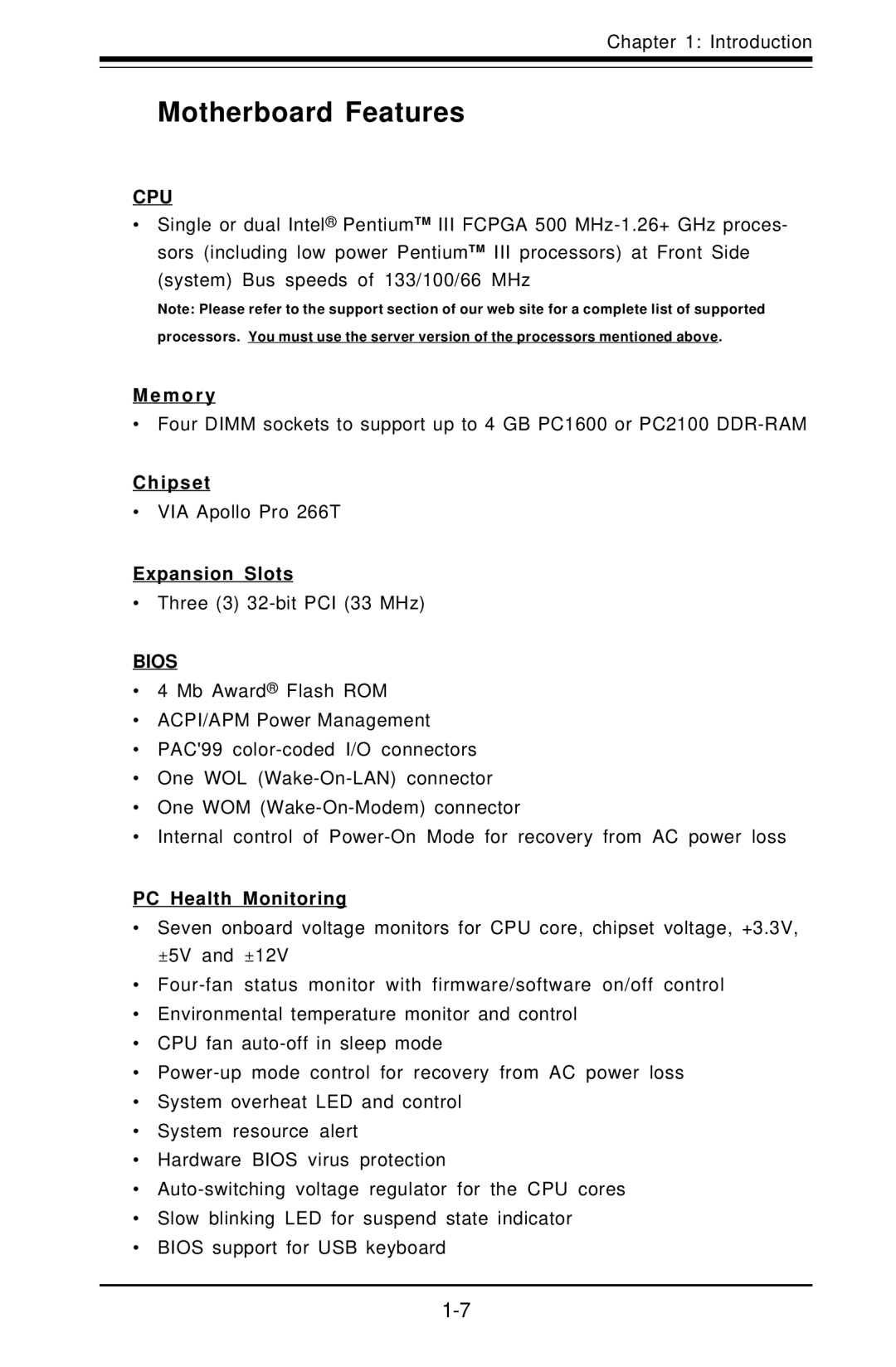 SUPER MICRO Computer SUPER, P3TDDR user manual Motherboard Features, Cpu 