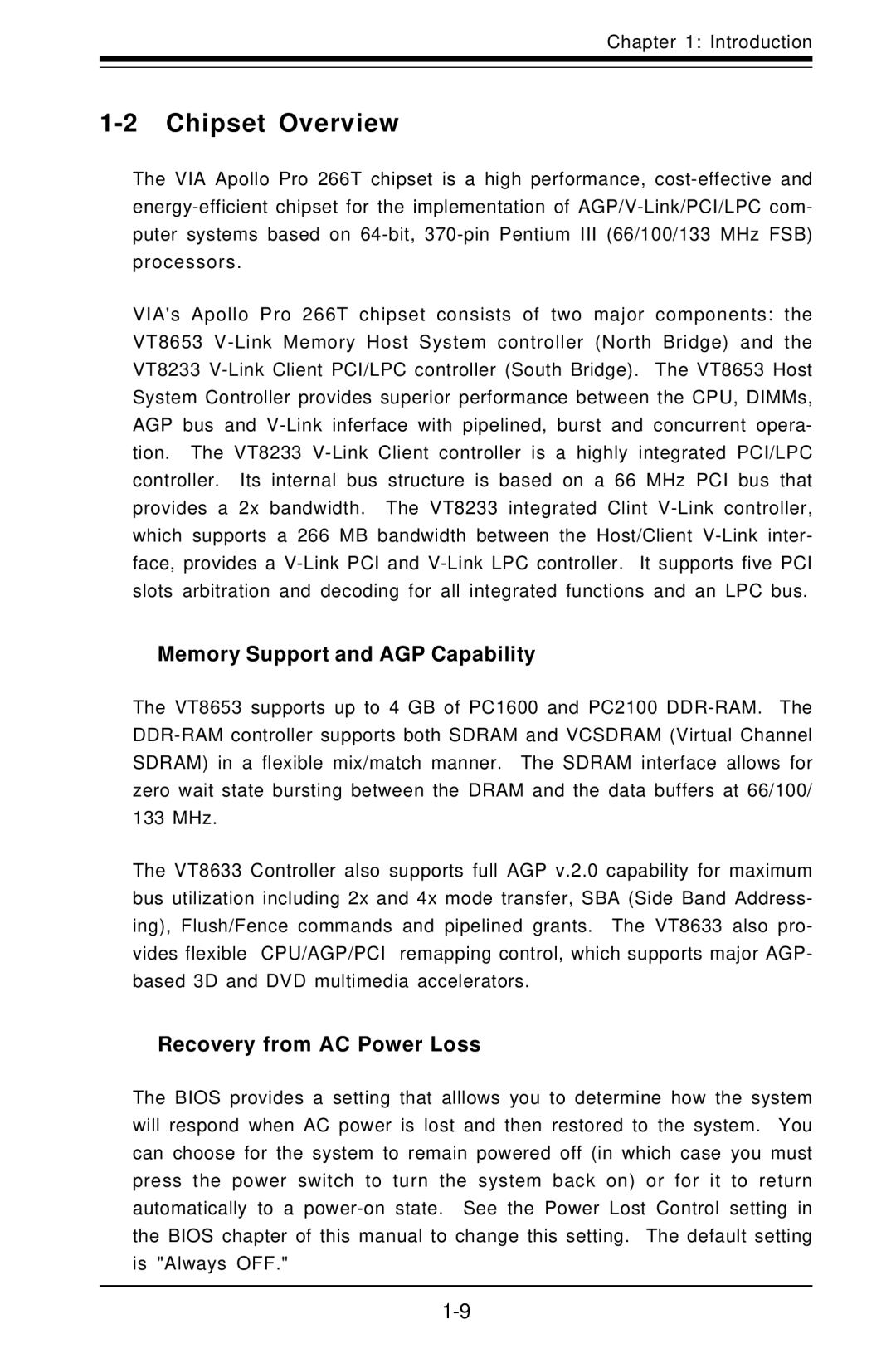 SUPER MICRO Computer SUPER, P3TDDR Chipset Overview, Memory Support and AGP Capability, Recovery from AC Power Loss 