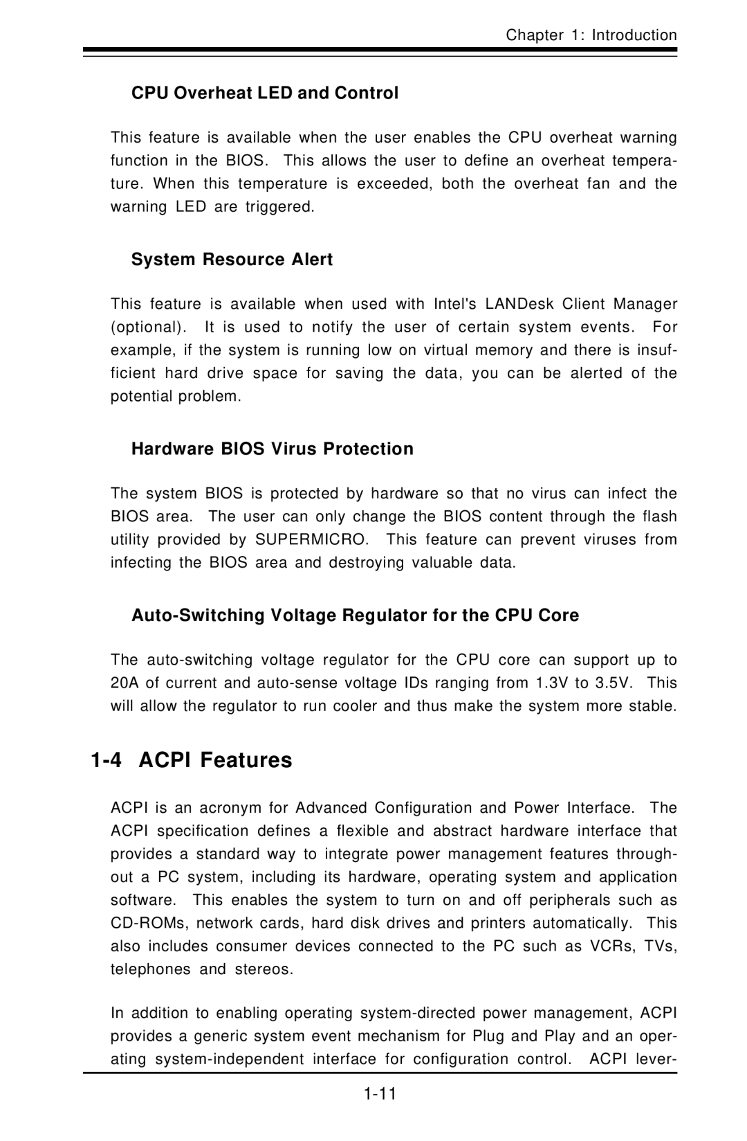 SUPER MICRO Computer SUPER, P3TDDR user manual Acpi Features, CPU Overheat LED and Control, System Resource Alert 