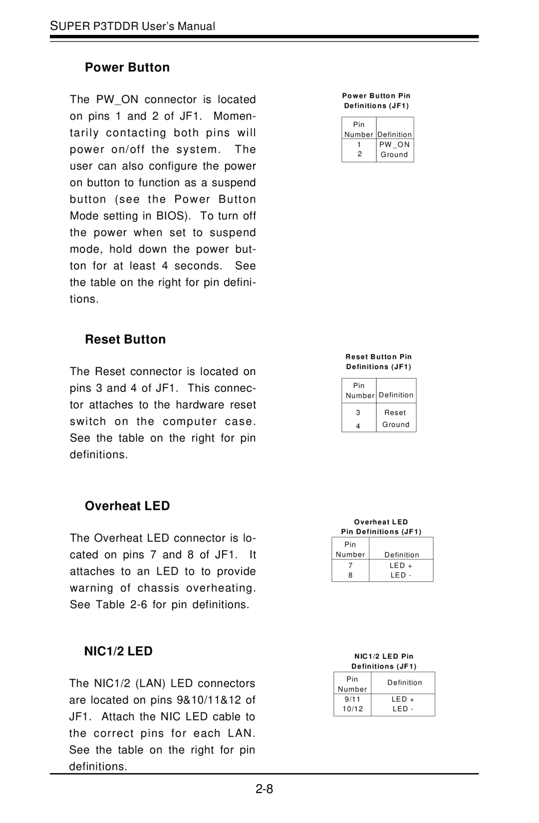 SUPER MICRO Computer P3TDDR, SUPER user manual Power Button, Reset Button, Overheat LED 