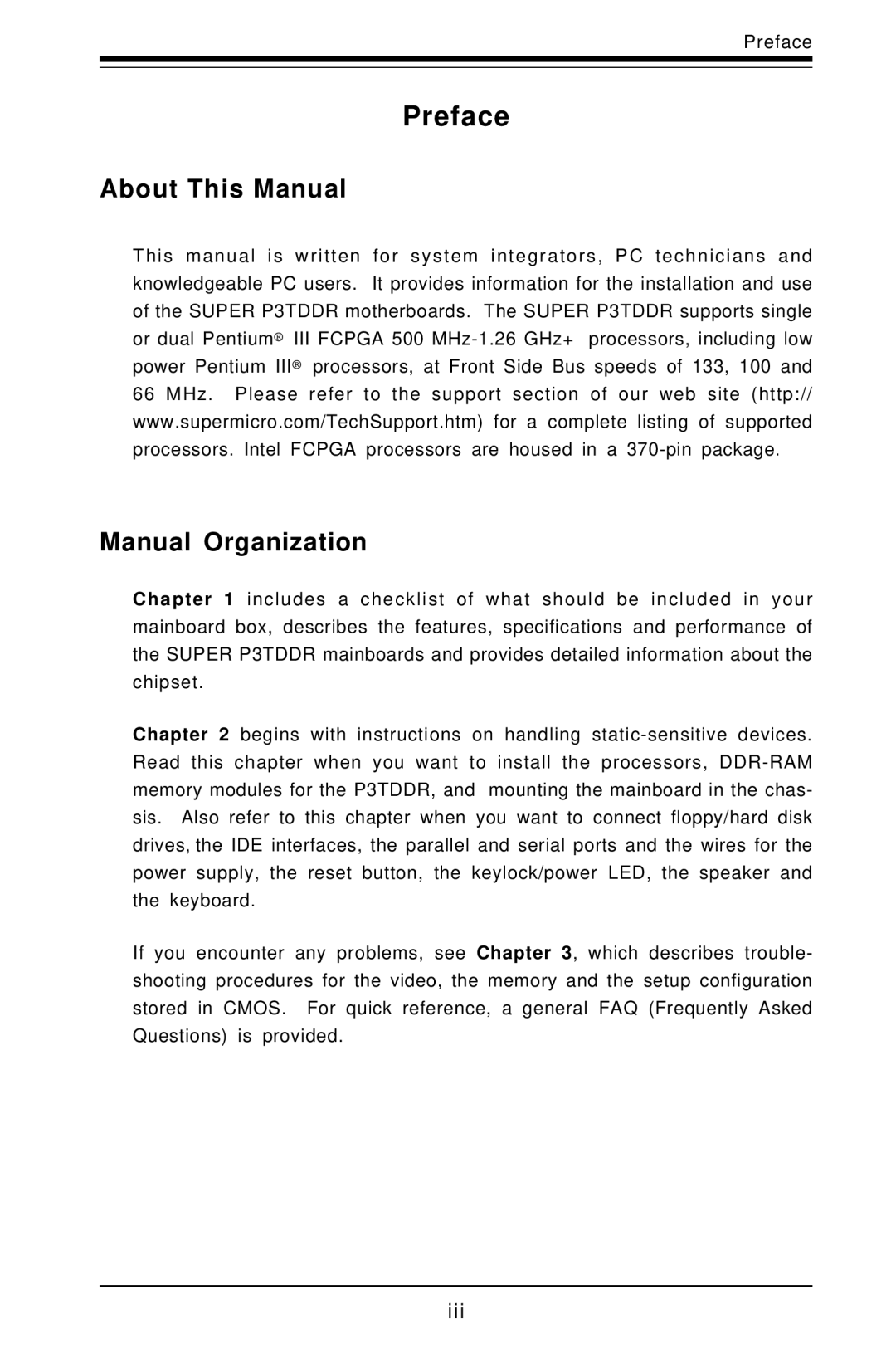 SUPER MICRO Computer SUPER, P3TDDR user manual Preface, About This Manual Manual Organization 