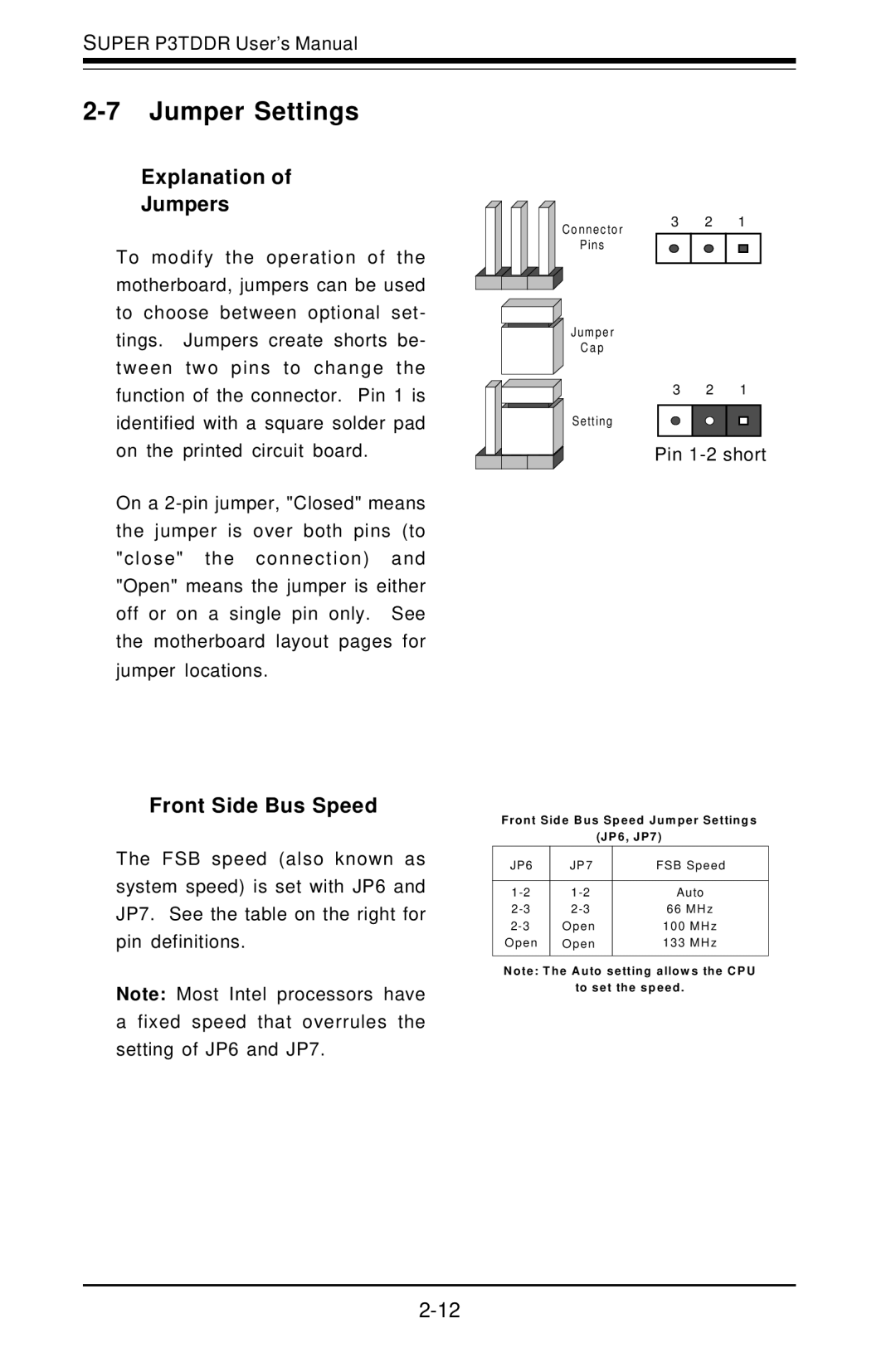 SUPER MICRO Computer P3TDDR, SUPER user manual Jumper Settings, Explanation Jumpers, Front Side Bus Speed 