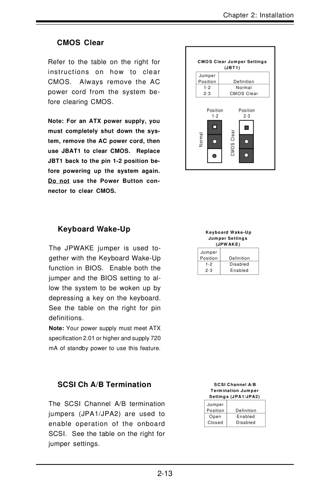 SUPER MICRO Computer SUPER, P3TDDR user manual Cmos Clear, Keyboard Wake-Up, Scsi Ch A/B Termination 
