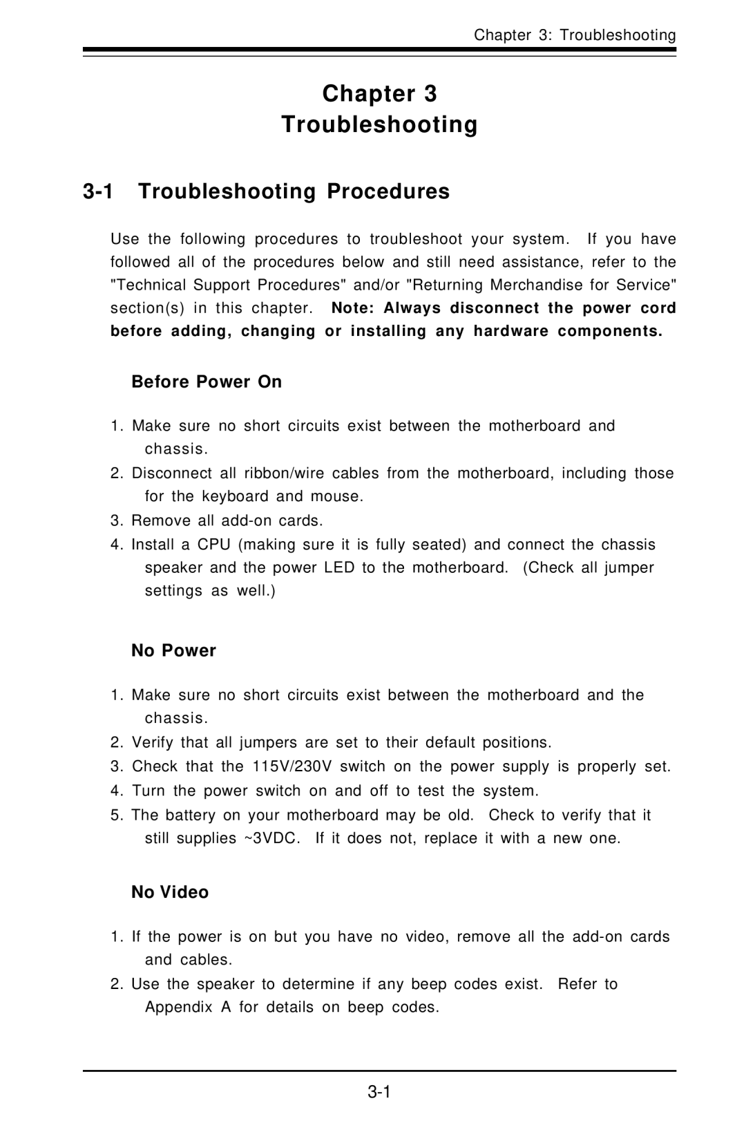 SUPER MICRO Computer SUPER Chapter Troubleshooting, Troubleshooting Procedures, Before Power On, No Power, No Video 