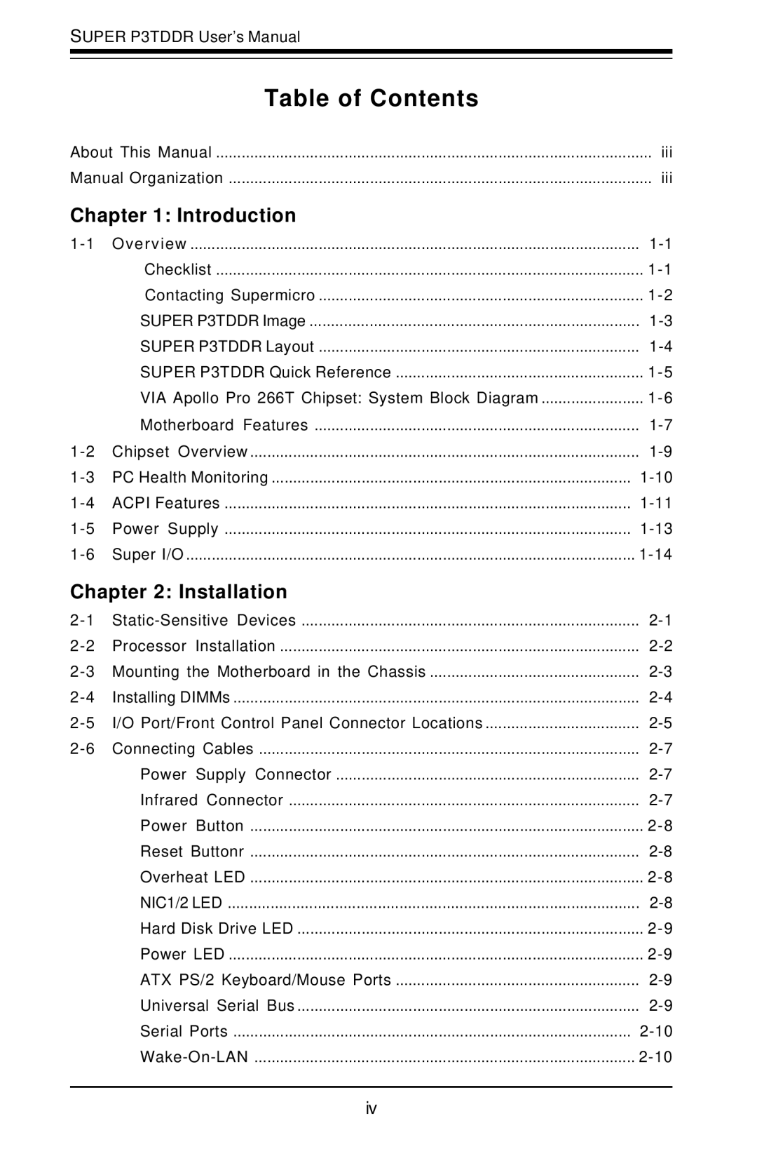 SUPER MICRO Computer P3TDDR, SUPER user manual Table of Contents 