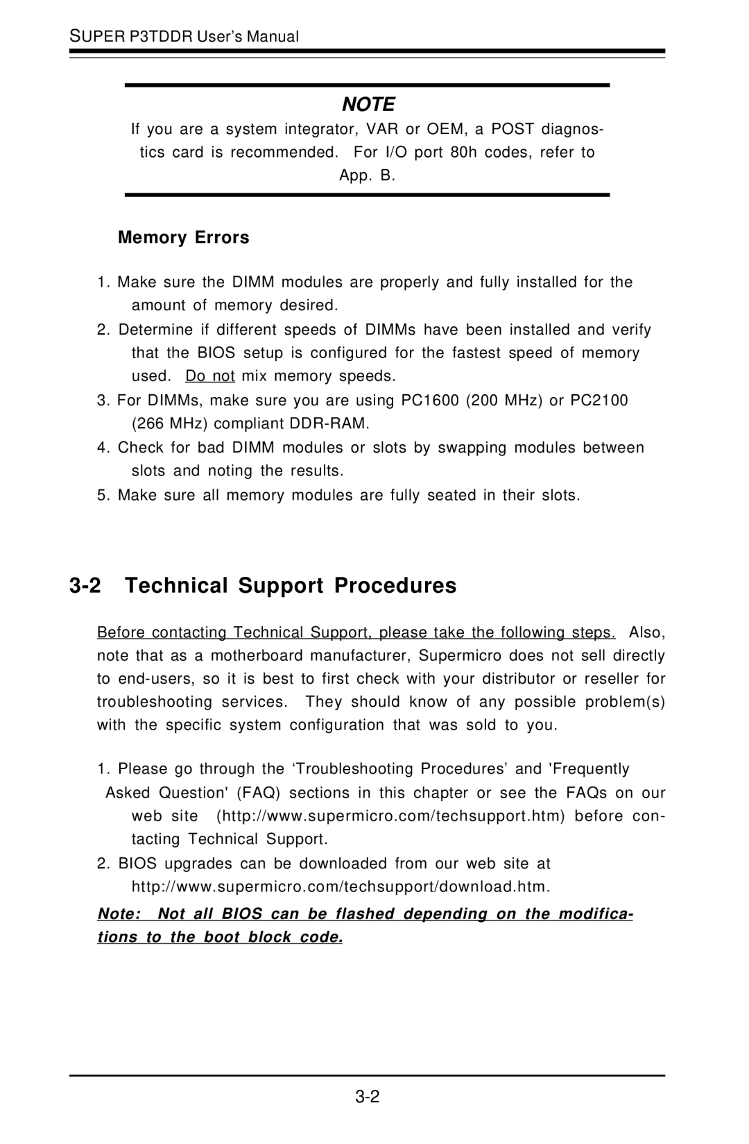 SUPER MICRO Computer P3TDDR, SUPER user manual Technical Support Procedures, Memory Errors 