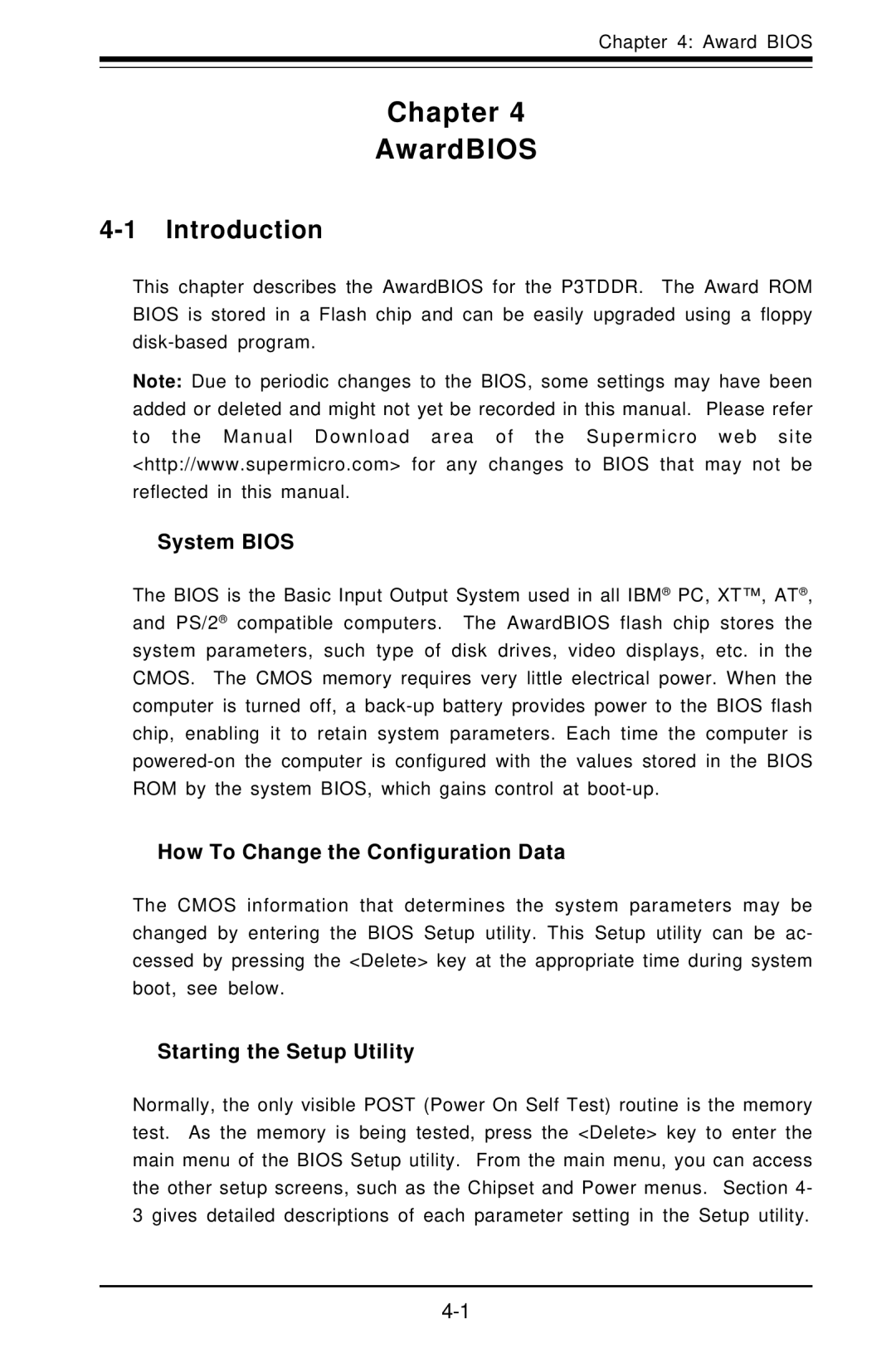 SUPER MICRO Computer SUPER, P3TDDR Chapter AwardBIOS, Introduction, System Bios, How To Change the Configuration Data 