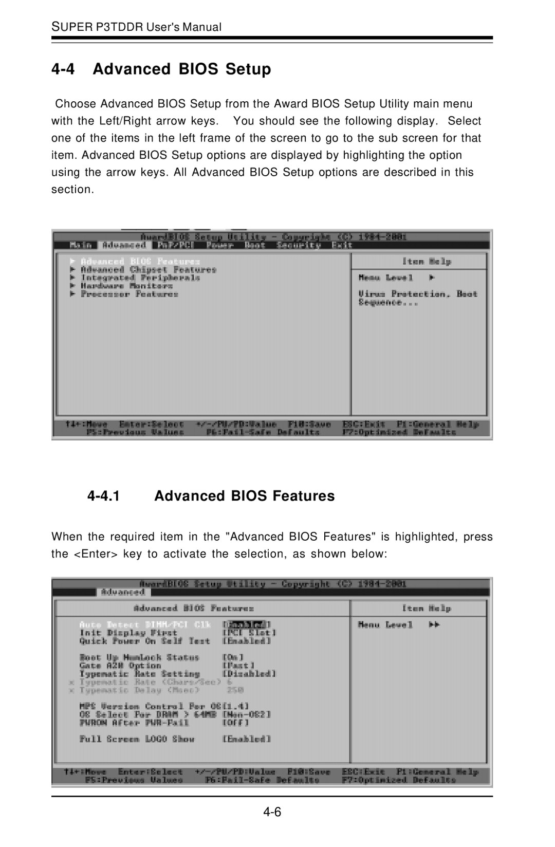 SUPER MICRO Computer P3TDDR, SUPER user manual Advanced Bios Setup, Advanced Bios Features 