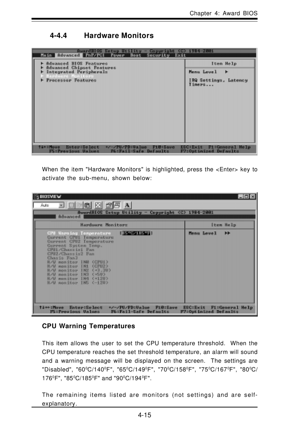 SUPER MICRO Computer SUPER, P3TDDR user manual Hardware Monitors, CPU Warning Temperatures 