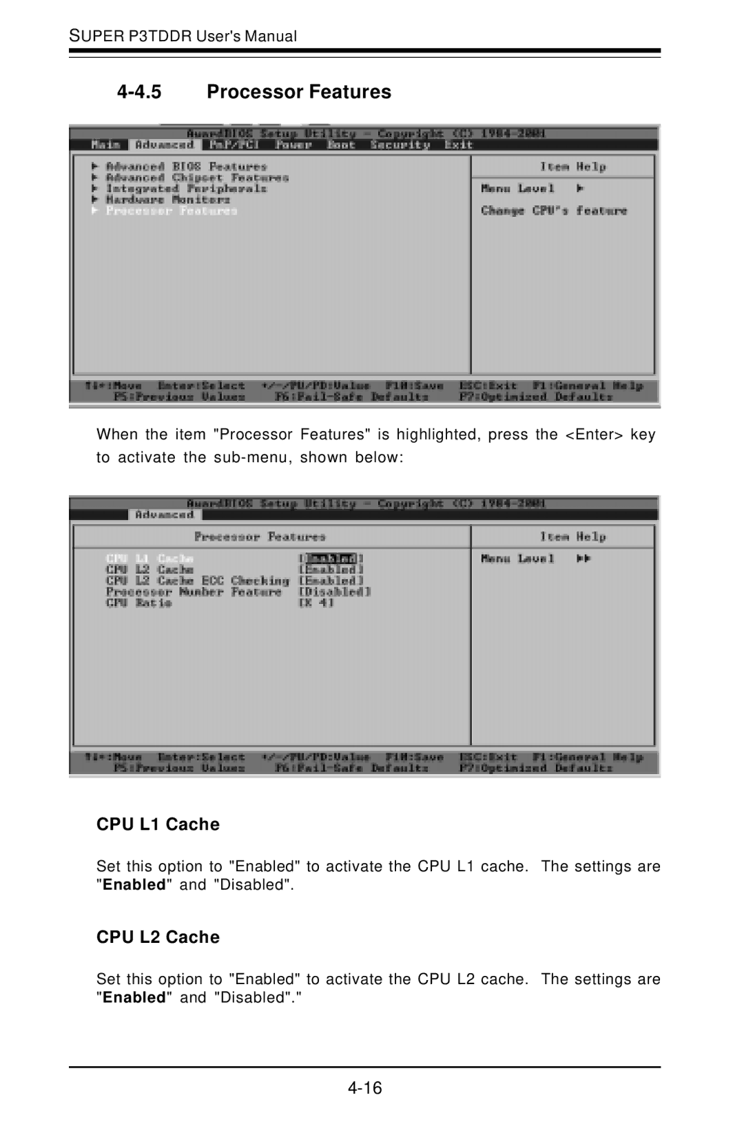 SUPER MICRO Computer P3TDDR, SUPER user manual Processor Features, CPU L1 Cache, CPU L2 Cache 