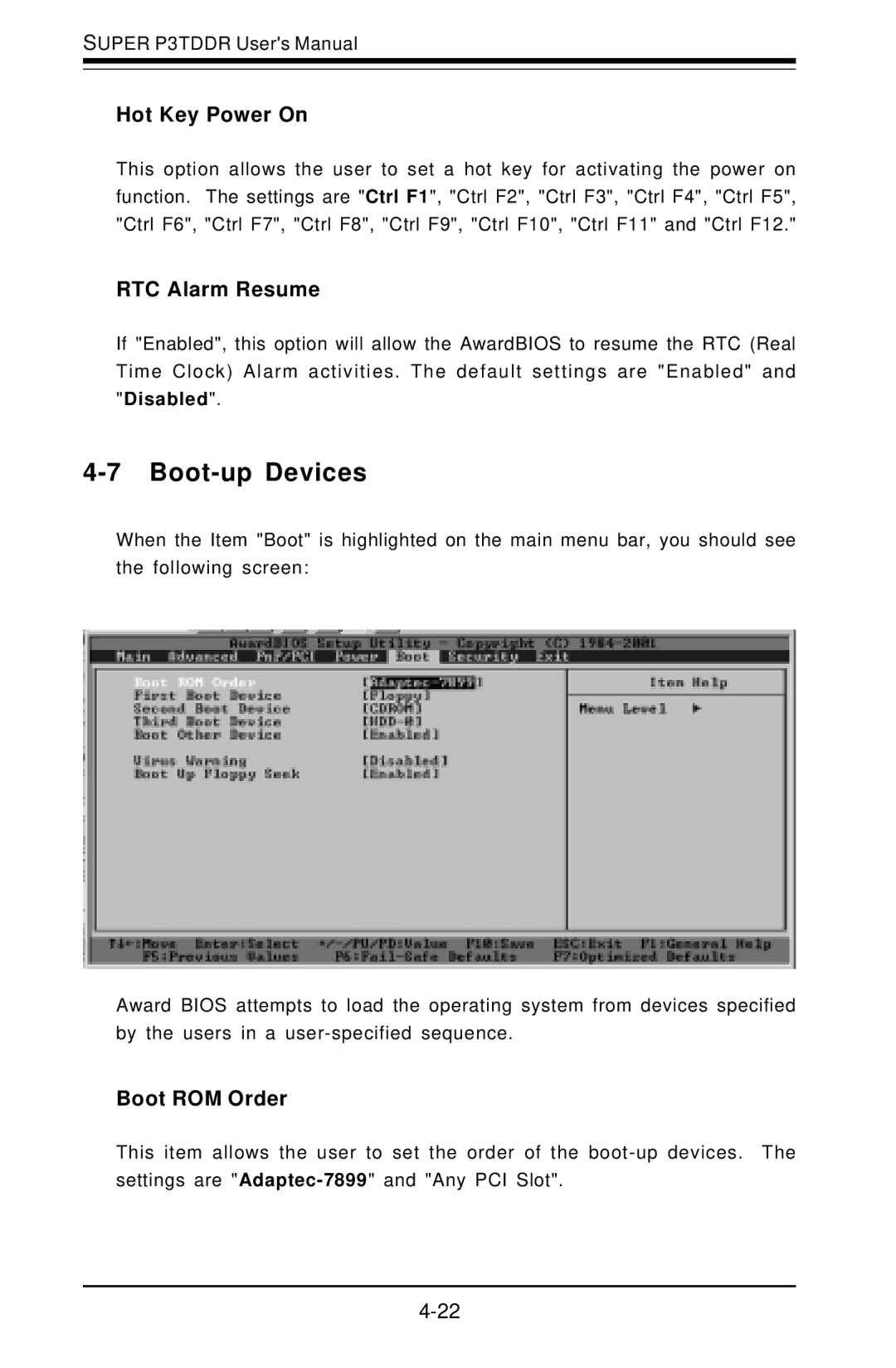 SUPER MICRO Computer P3TDDR, SUPER user manual Boot-up Devices, Hot Key Power On, RTC Alarm Resume, Boot ROM Order 