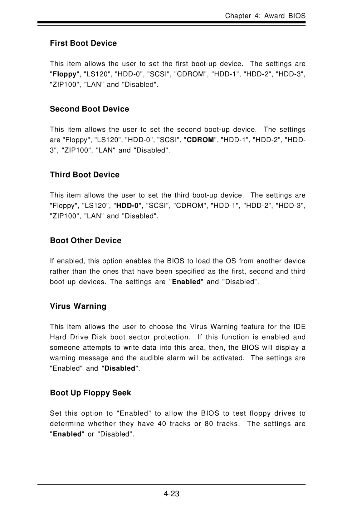 SUPER MICRO Computer SUPER First Boot Device, Second Boot Device, Third Boot Device, Boot Other Device, Virus Warning 