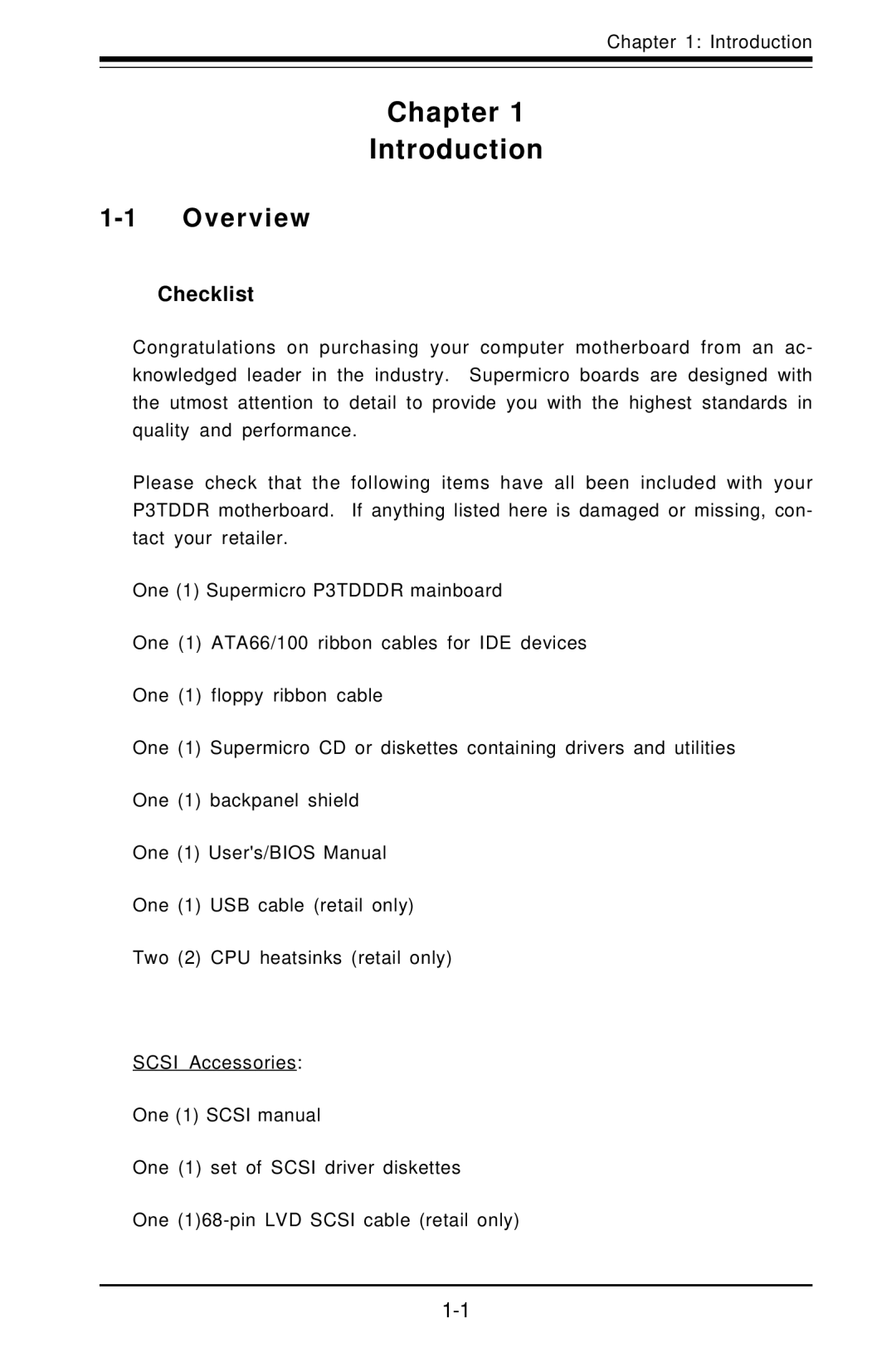 SUPER MICRO Computer SUPER, P3TDDR user manual Chapter Introduction, Overview, Checklist 