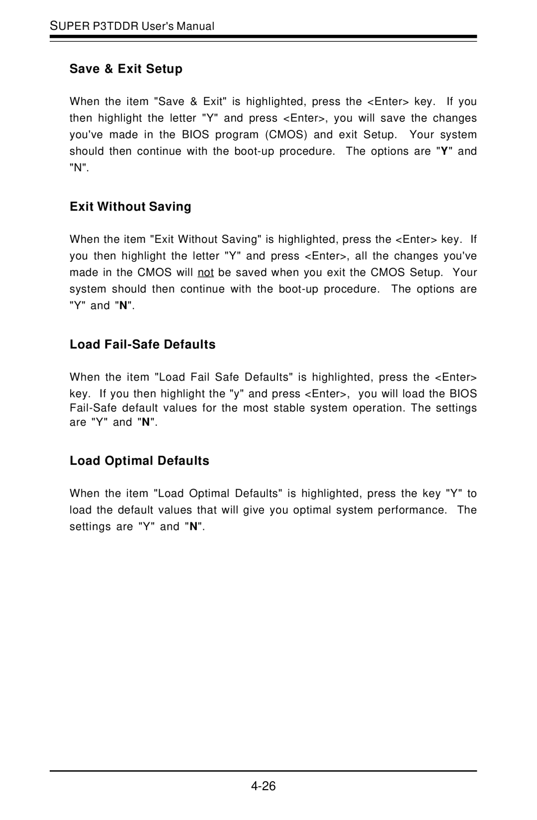 SUPER MICRO Computer P3TDDR, SUPER Save & Exit Setup, Exit Without Saving, Load Fail-Safe Defaults, Load Optimal Defaults 