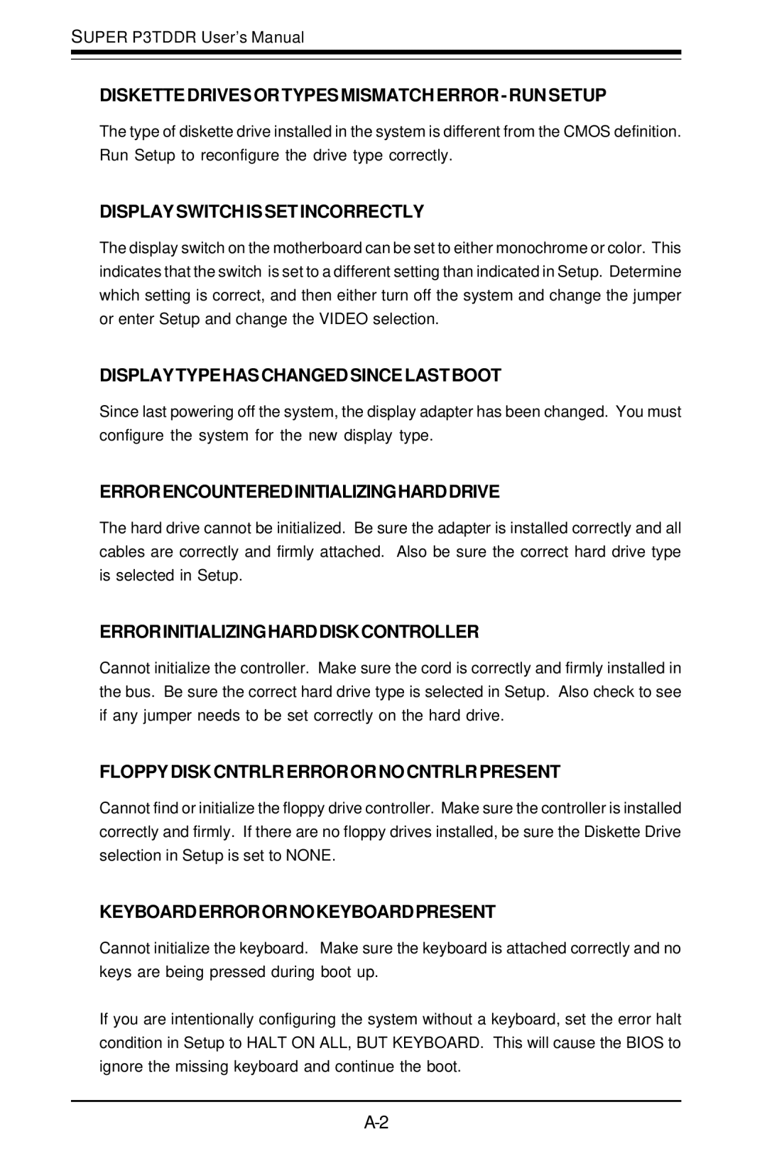 SUPER MICRO Computer P3TDDR, SUPER user manual Diskette Drives or Types Mismatch Error RUN Setup 