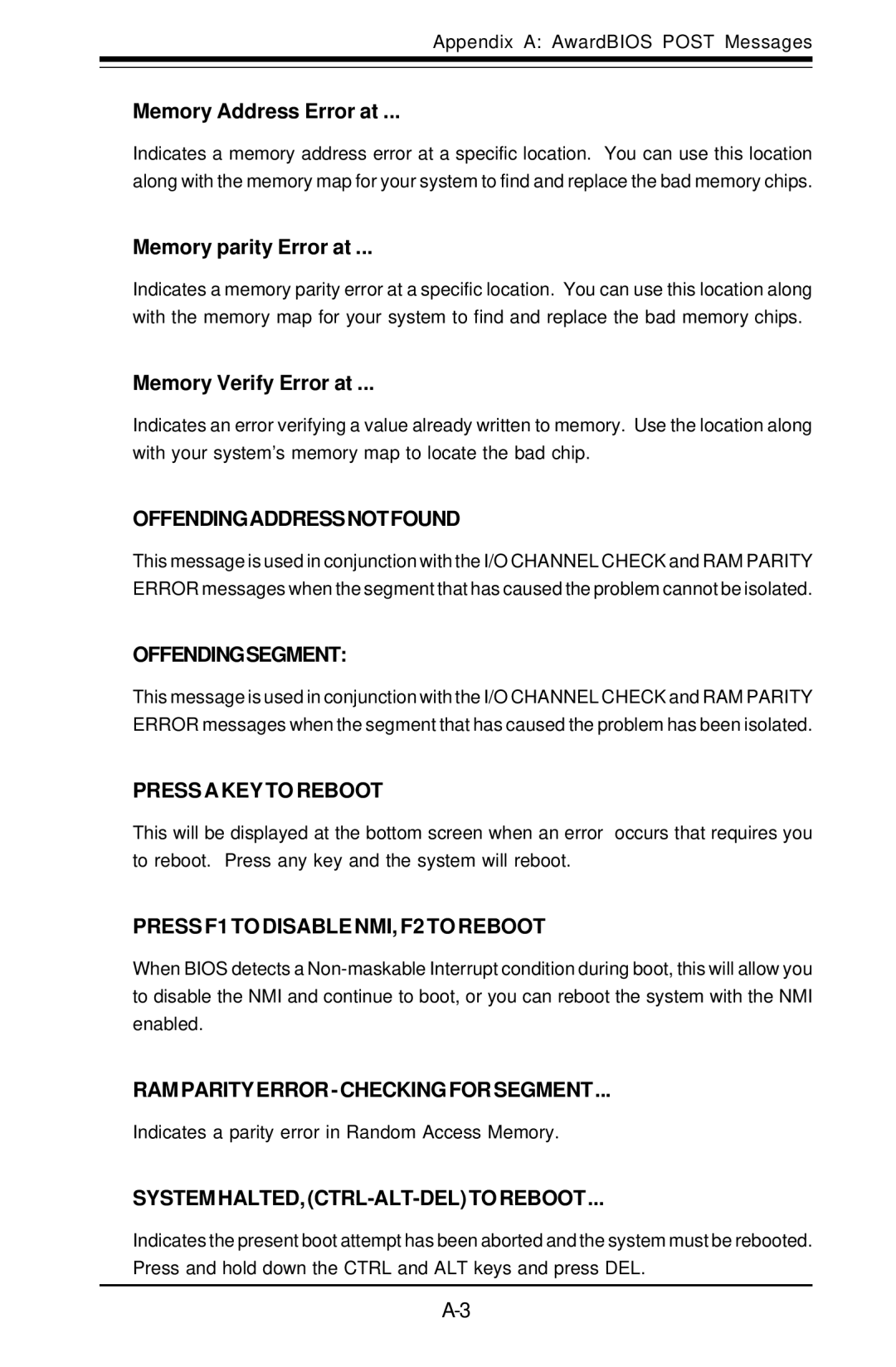 SUPER MICRO Computer SUPER, P3TDDR user manual Memory Address Error at, Memory parity Error at, Memory Verify Error at 