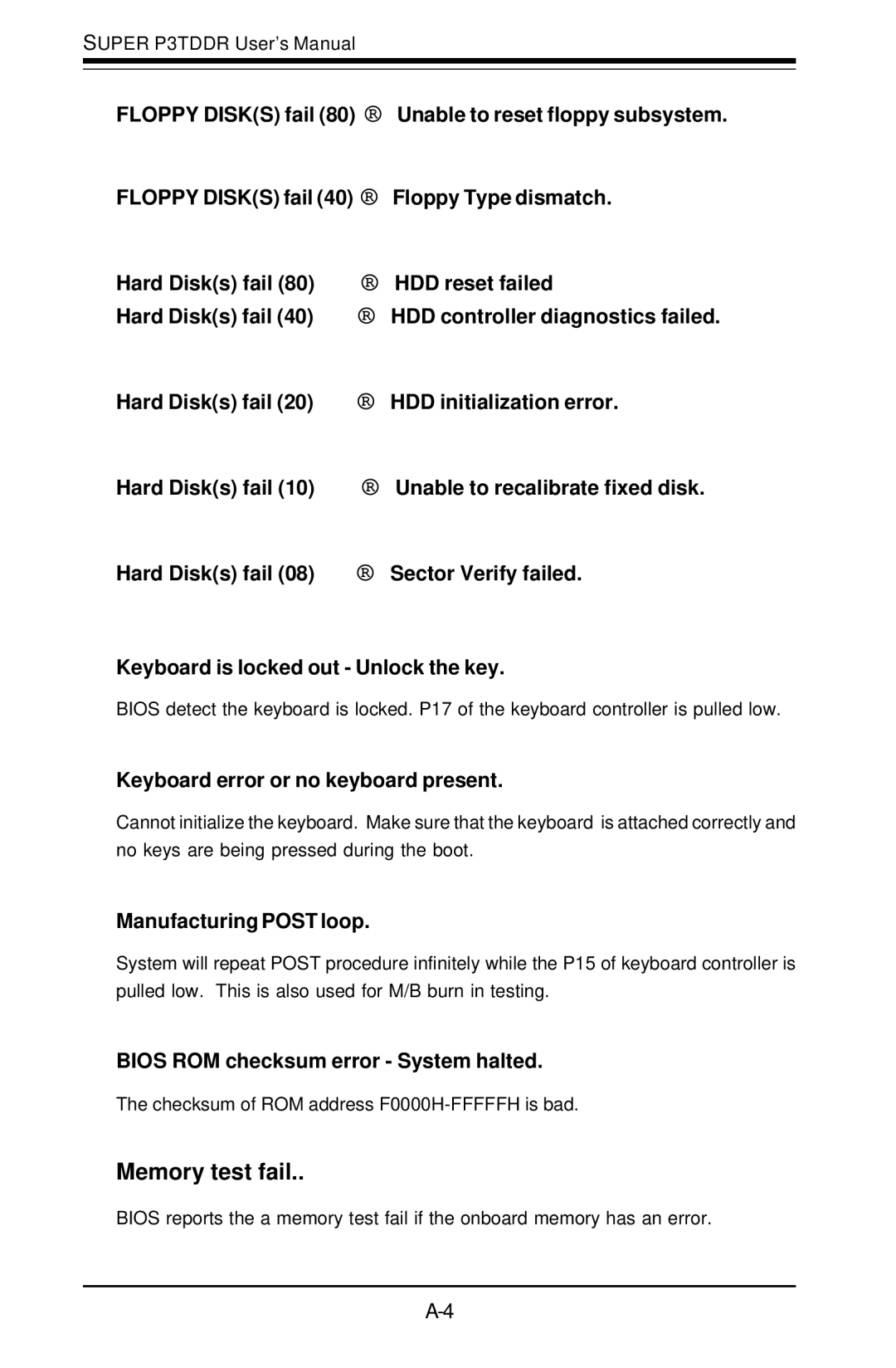 SUPER MICRO Computer P3TDDR, SUPER Memory test fail, Keyboard error or no keyboard present, Manufacturing Post loop 