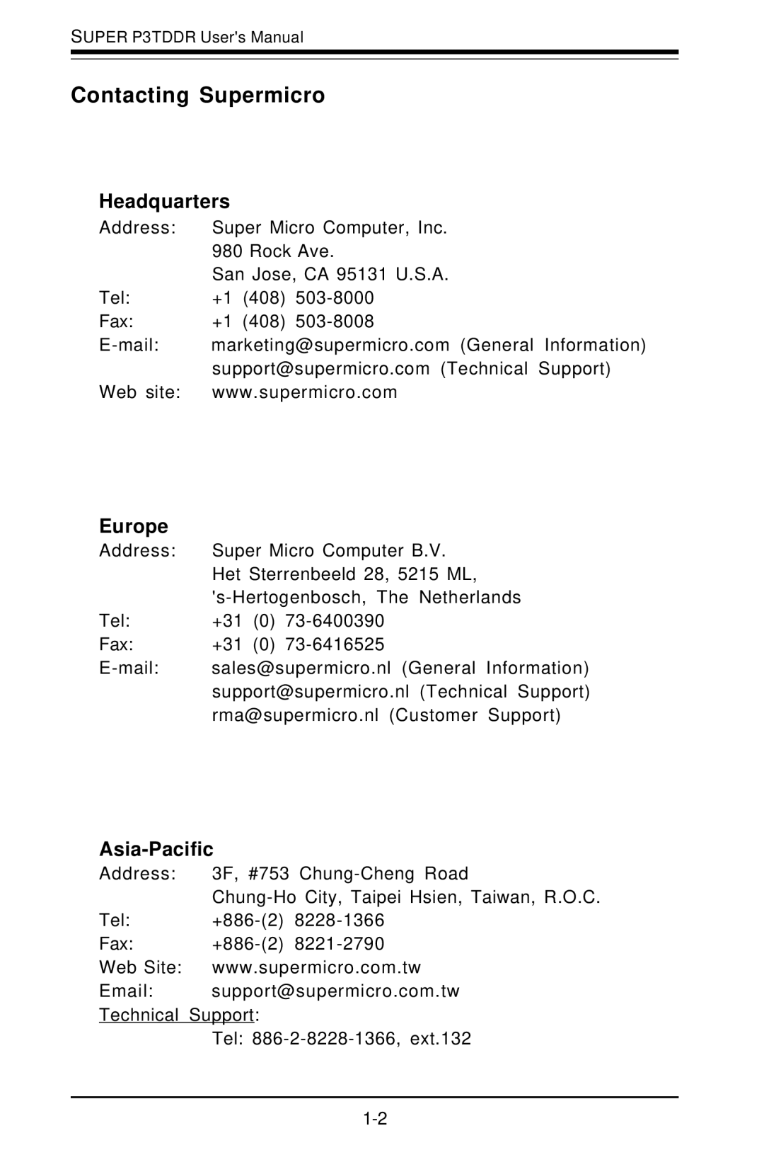 SUPER MICRO Computer P3TDDR, SUPER user manual Contacting Supermicro, Headquarters, Europe, Asia-Pacific 