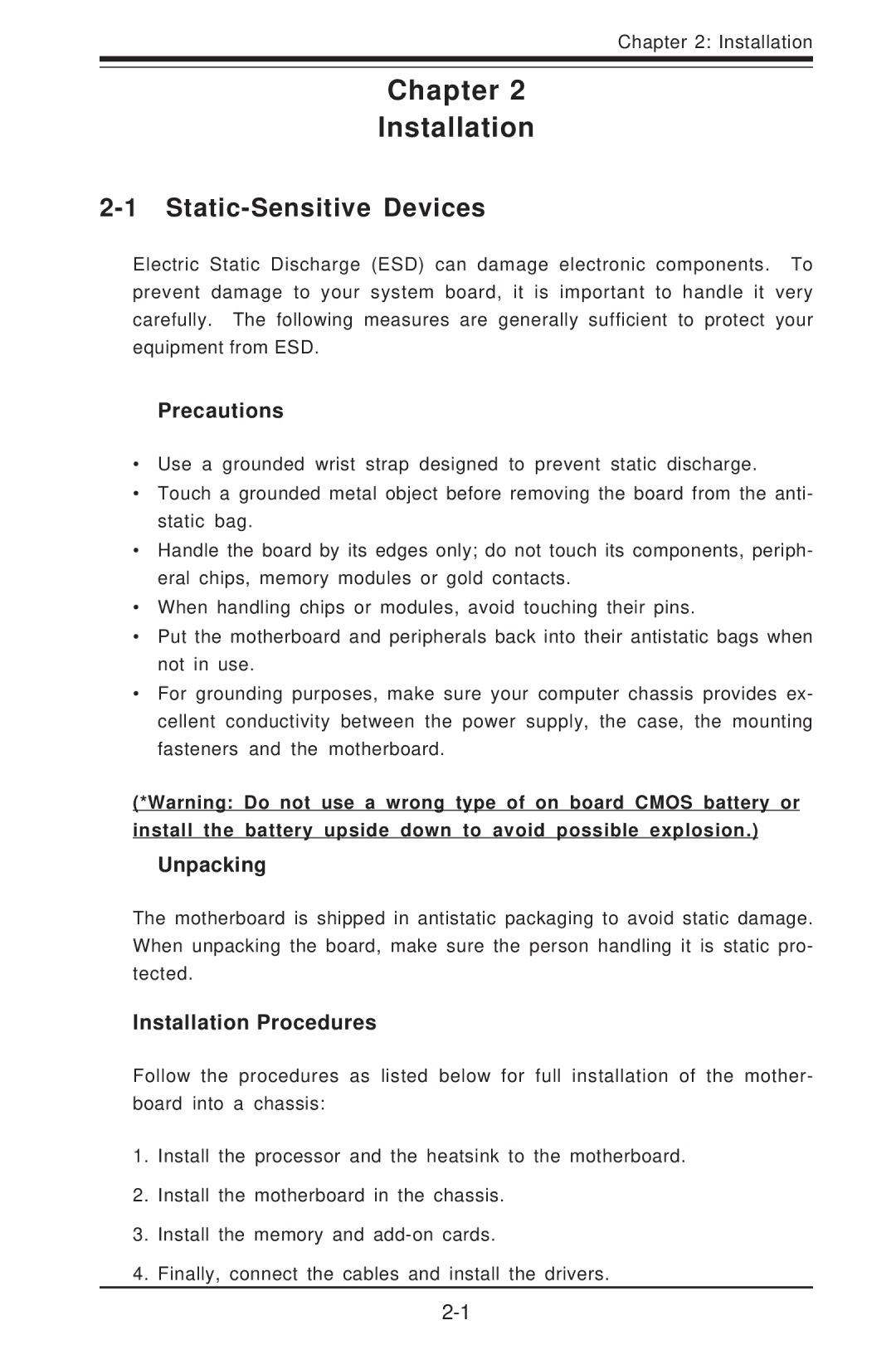 SUPER MICRO Computer P4SCT+II user manual Static-Sensitive Devices, Precautions, Unpacking, Installation Procedures 