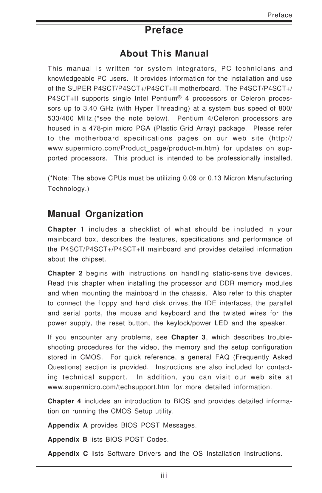 SUPER MICRO Computer P4SCT+II user manual Preface, About This Manual Manual Organization 