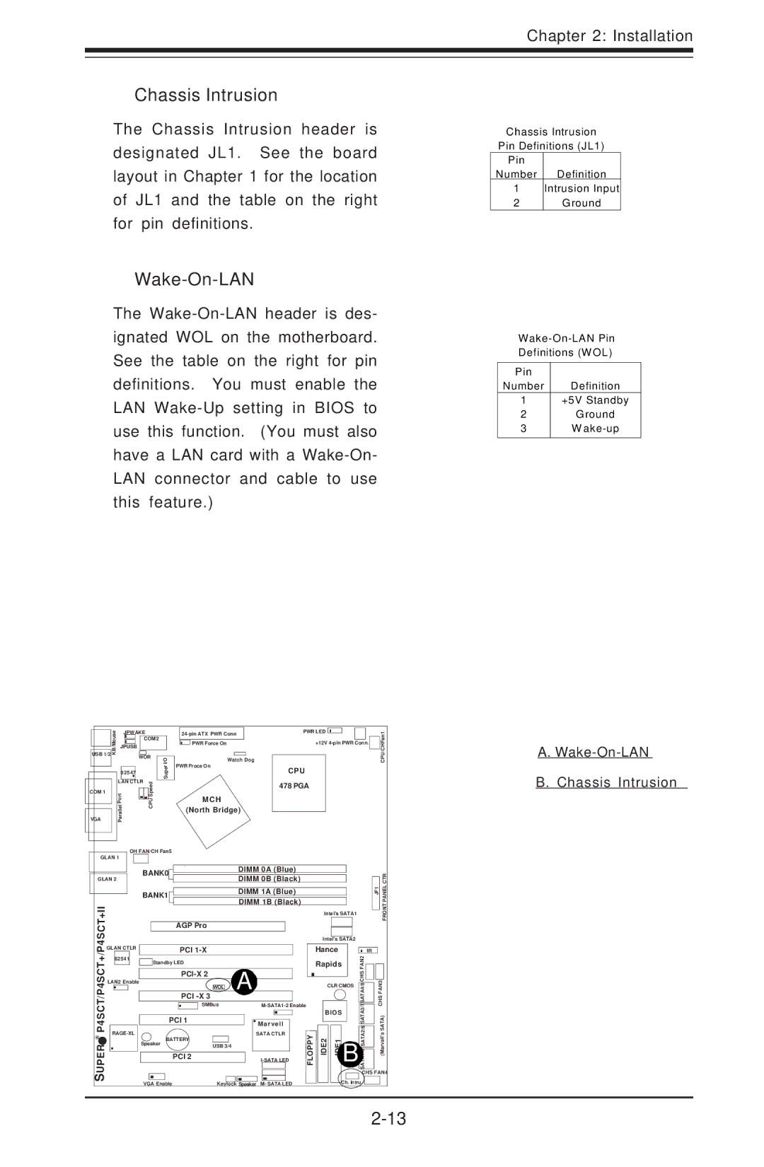 SUPER MICRO Computer P4SCT+II user manual Chassis Intrusion, Wake-On-LAN 