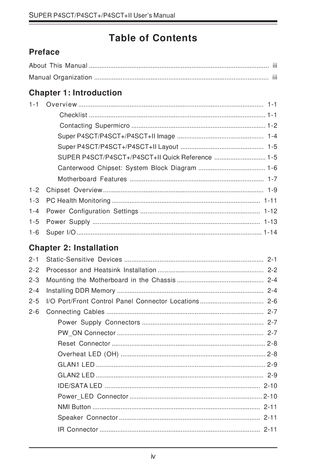 SUPER MICRO Computer P4SCT+II user manual Table of Contents 